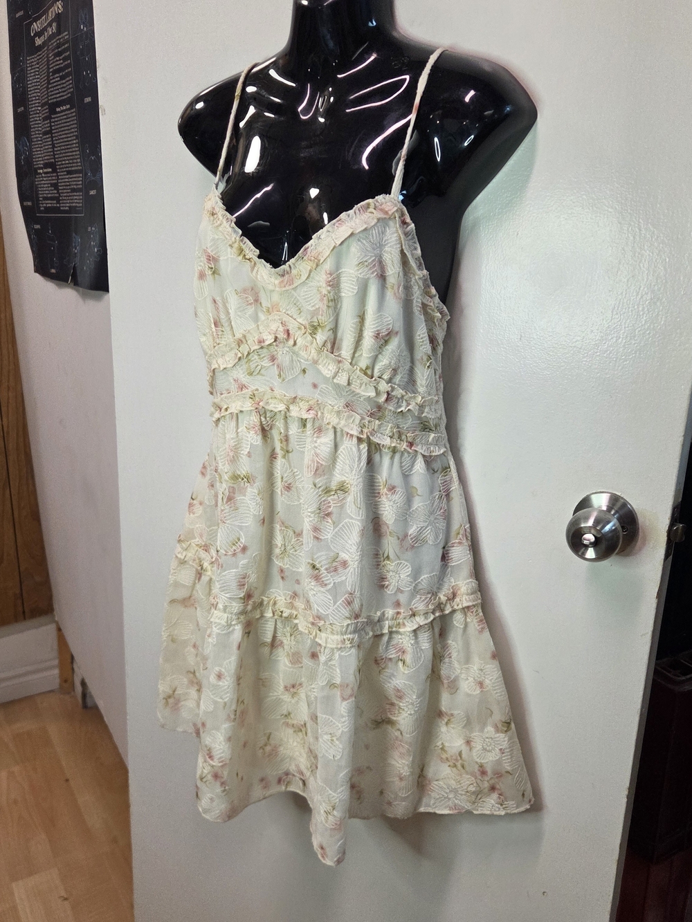 Girls Cream Floral Ruffle Mini Sundress with Pink & Green Accents Size M